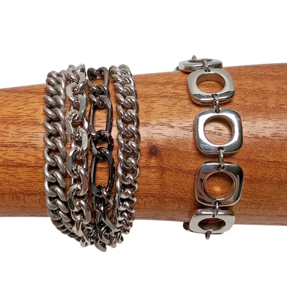 Stainless Steel Toggle Bracelets Chunky Multi Strand Geometric Silver Tone